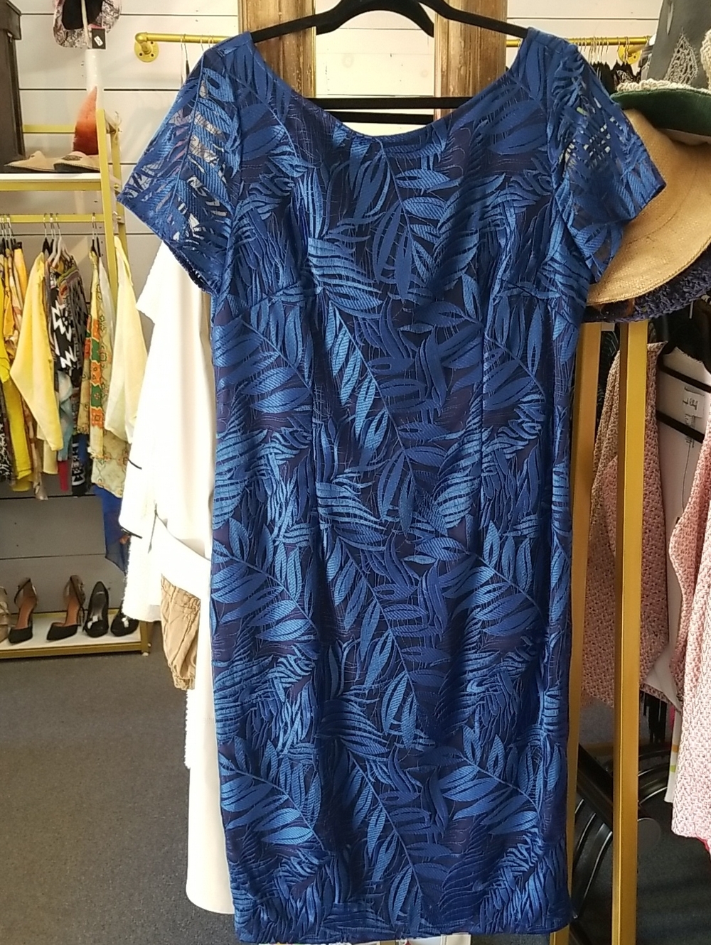 JS Collections Blue Leaf-Print Midi Dress